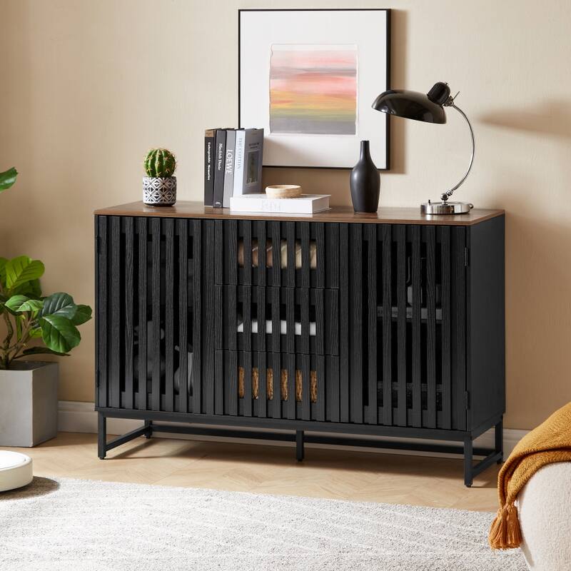 Modern Style Dressing with Grille Stripe Door 3 Drawers and 4 Shelves, for Living Room, Dining Room Office