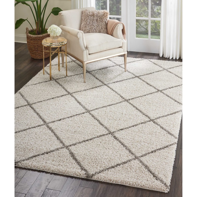 Nourison Brisbane Large Diamond Geometric Modern Shag Area Rug - 9' x 12' - Cream - Runner/Rectangle