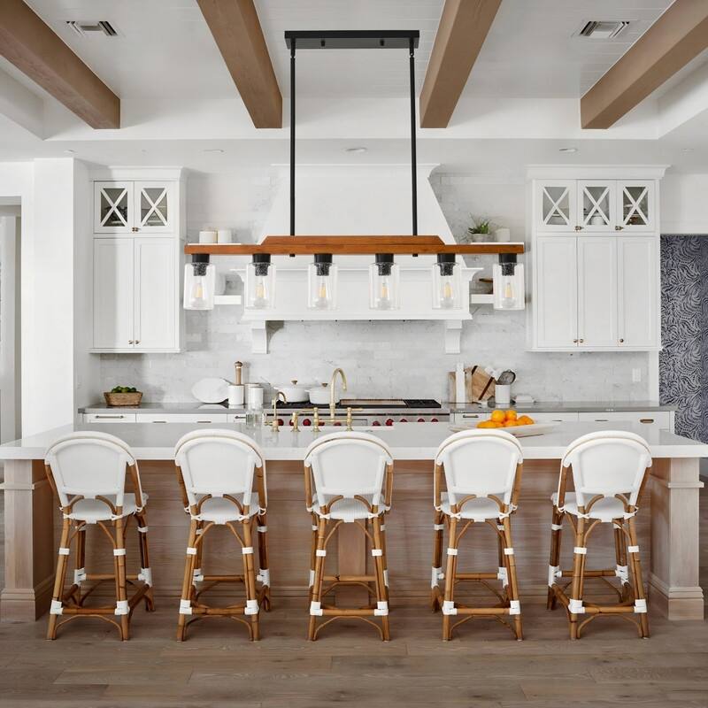 Farmhouse Chandelier for Dining Room Kitchen Island Rustic Wood Linear Pendant Light with Seed Glass Shade