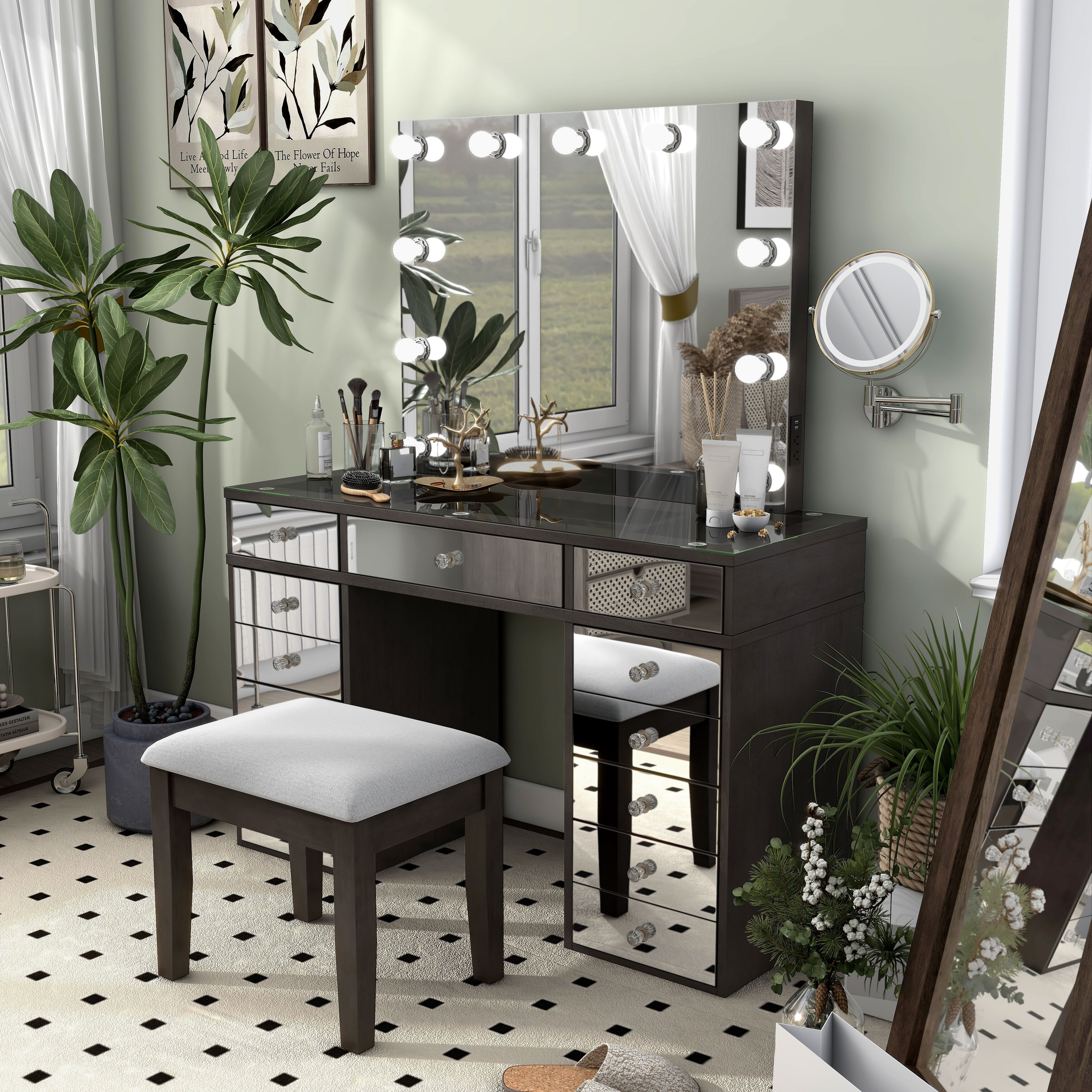 Grey makeup store vanity