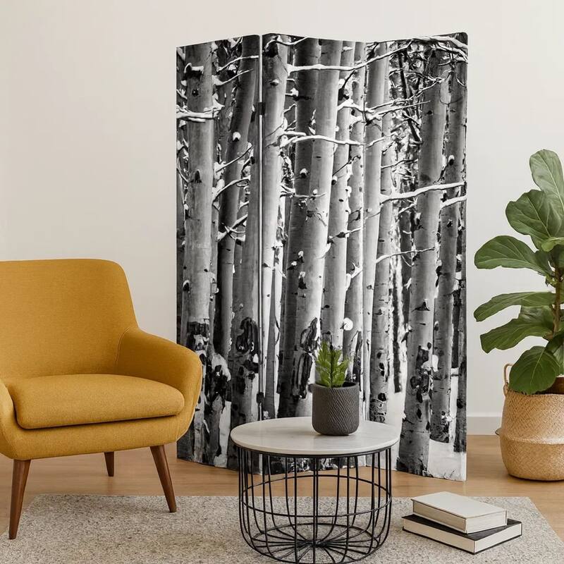 3 Panel Canvas Foldable Screen with Birch Print, Black and White - 6 x 12