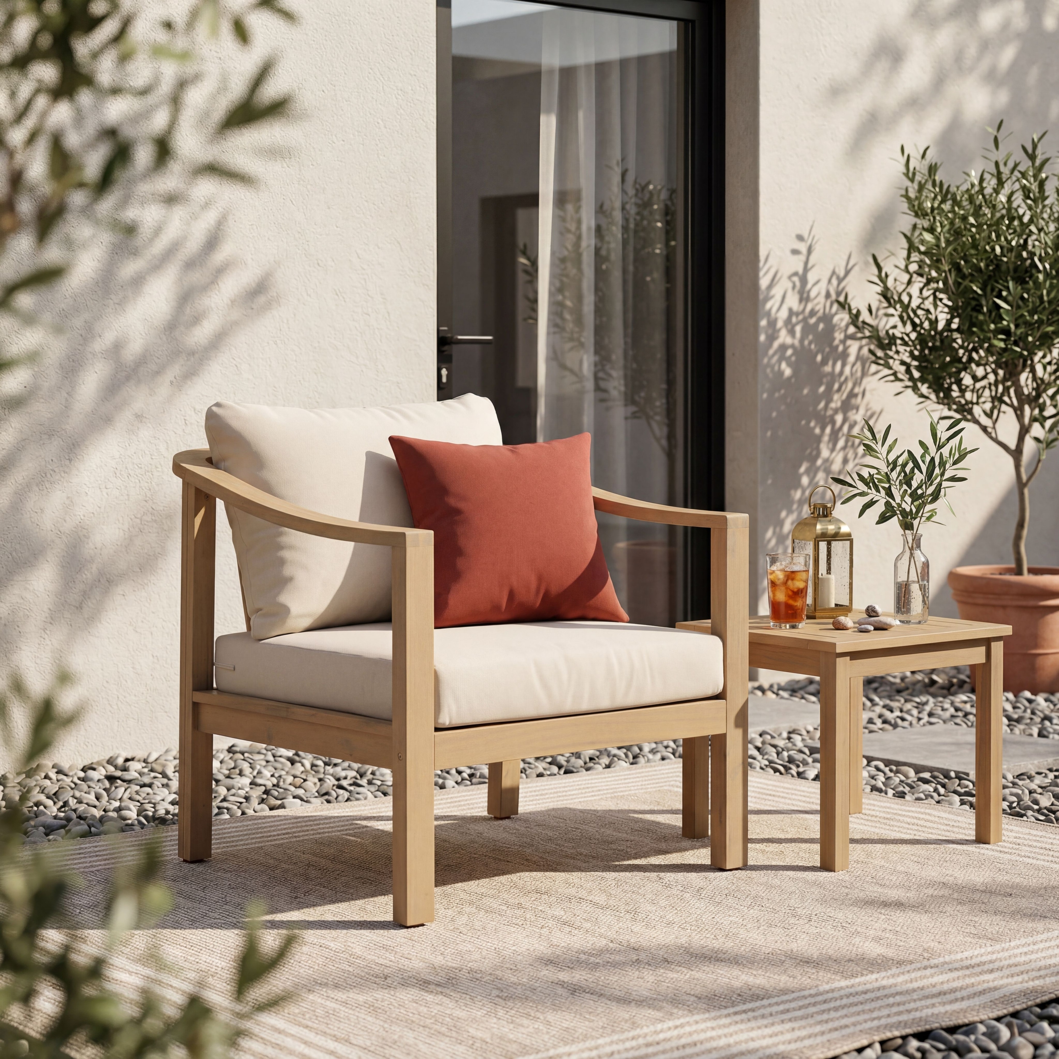 Acacia Wood Club Chair with Cream Cushions for Outdoor Relaxation
