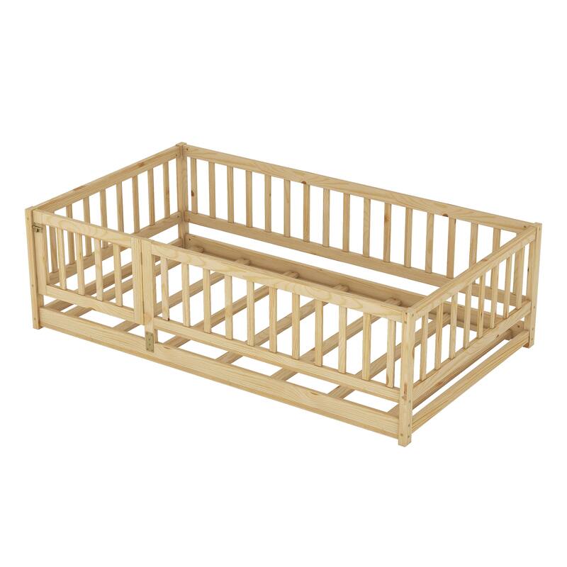 Montessori Floor Bed with Fence Guardrail and Removable Door Toddler Floor Wood Bed Frame for Kids Boys Girls Children's Room