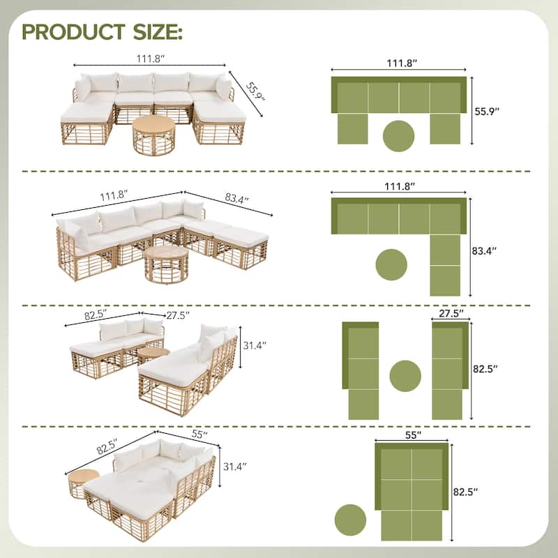 7-Pieces Outdoor Patio Sectional Sofa Set, Freely Combined Conversation Sets for Garden, Backyard, Balcony, Beige