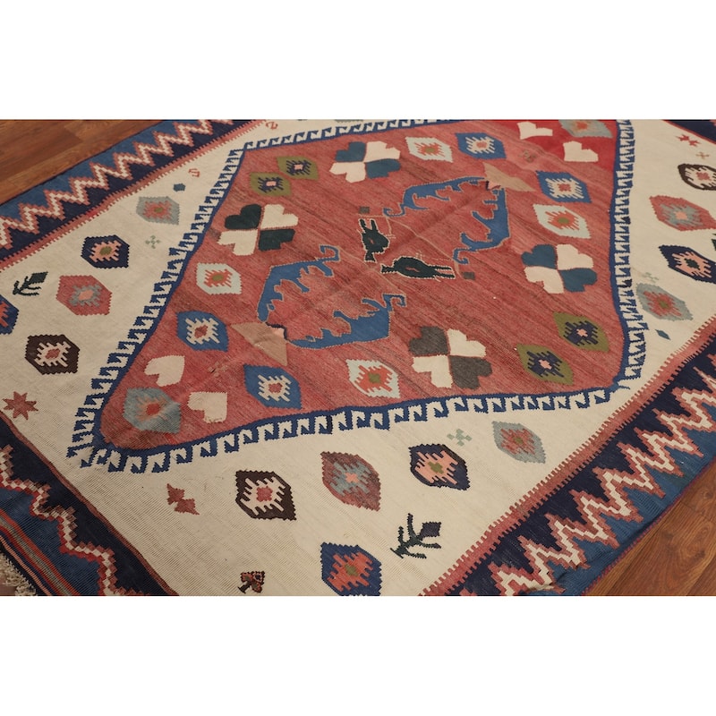 Tribal Kilim Qashqai Persian Vintage Rug Hand-Woven Wool Carpet - 4'8"x 6'3"