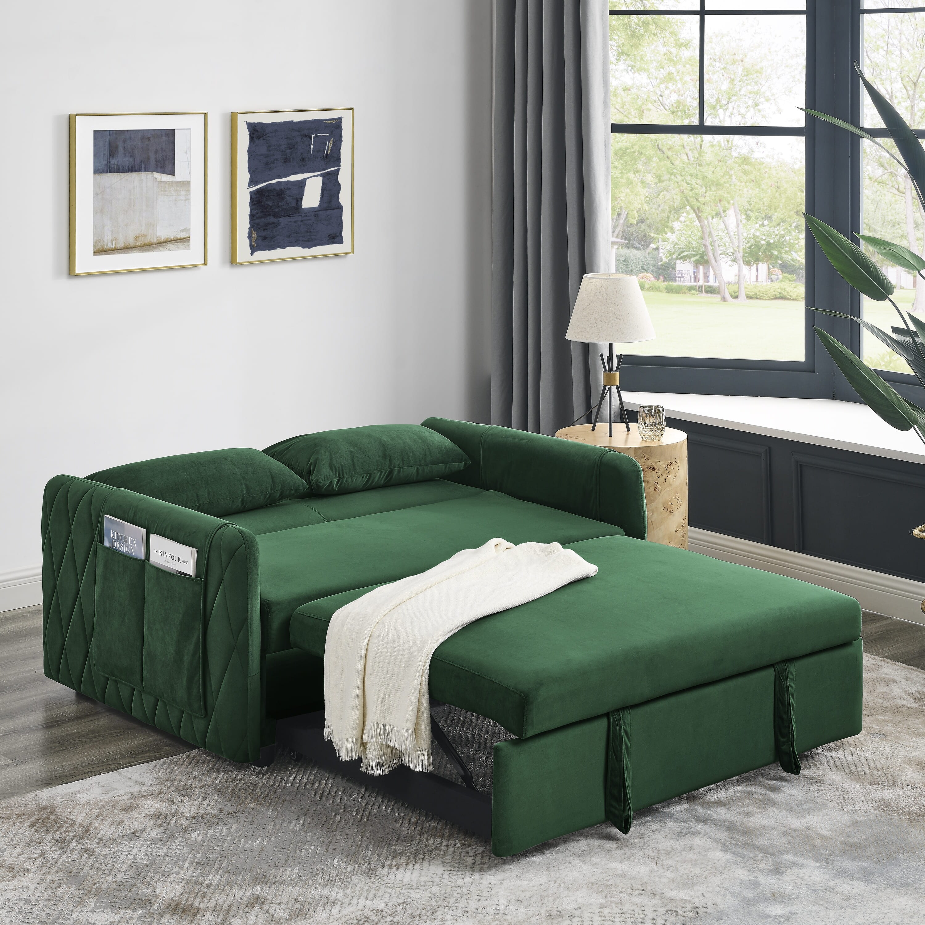Modern Velvet Convertible Sofa Bed with Adjustable Backrest and