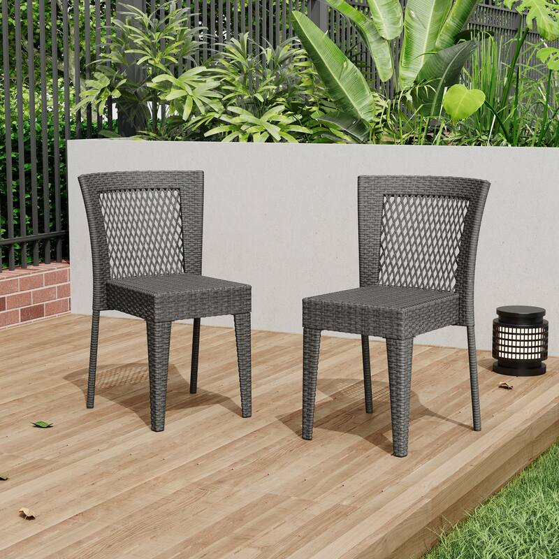 Roomfitters Set of 2 Stackable Outdoor Dining Chairs, Diamond-Mesh PE Wicker with Iron Frame - Grey