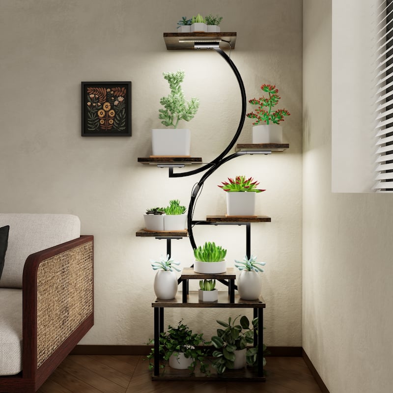 8-Tier Rustic Brown Plant Stand with Grow Lights Indoor Shelf Rack for Living Room Decor - 28.30”L x 10.20”W x 62”H