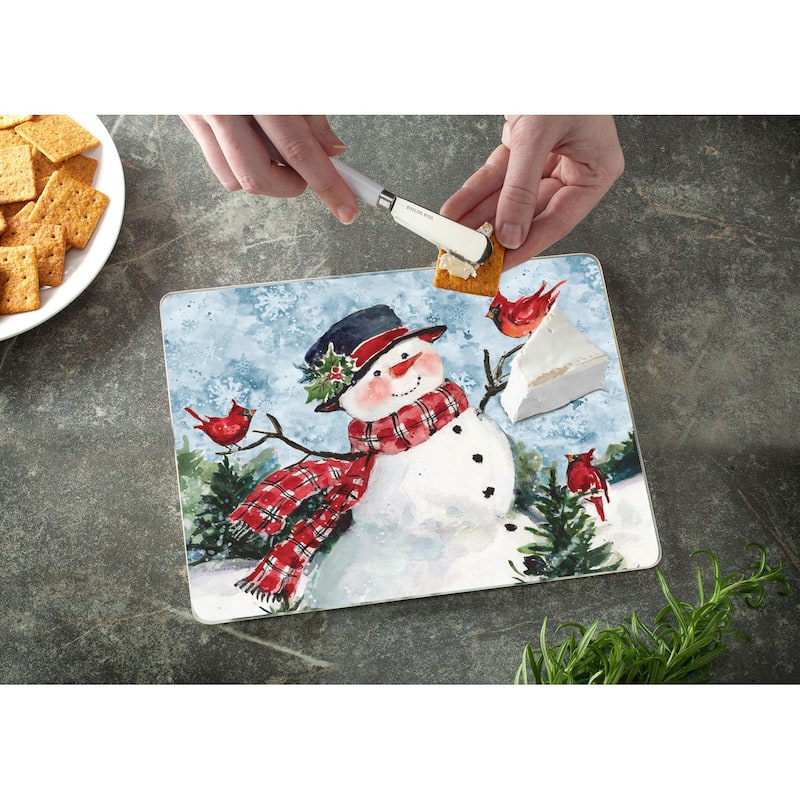 Counterart Glass Cutting Board Counter Saver 10" x 8" - Watercolor Snowman - 10x8x.118