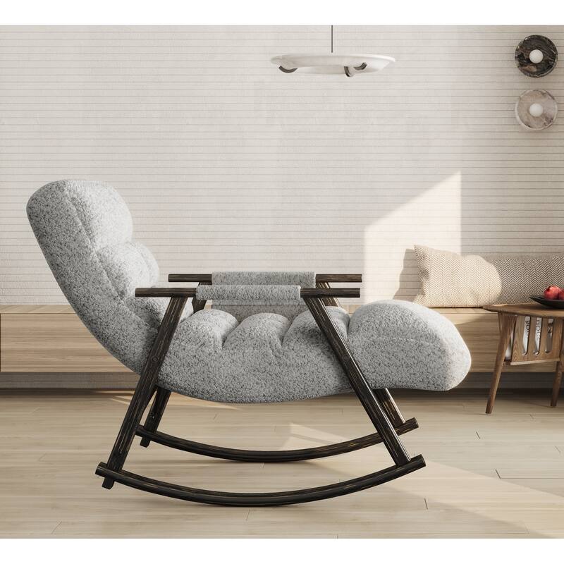 Casual folding rocking chair upholstered, lounge rocking chair adjustable high back and foot rest,side pockets