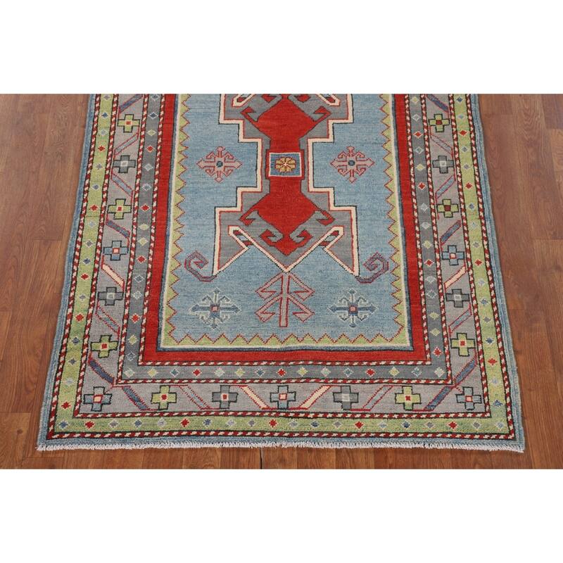 Light Blue Geometric Kazak Foyer Rug Hand-Knotted Wool Carpet - 3'6" x 5'3"