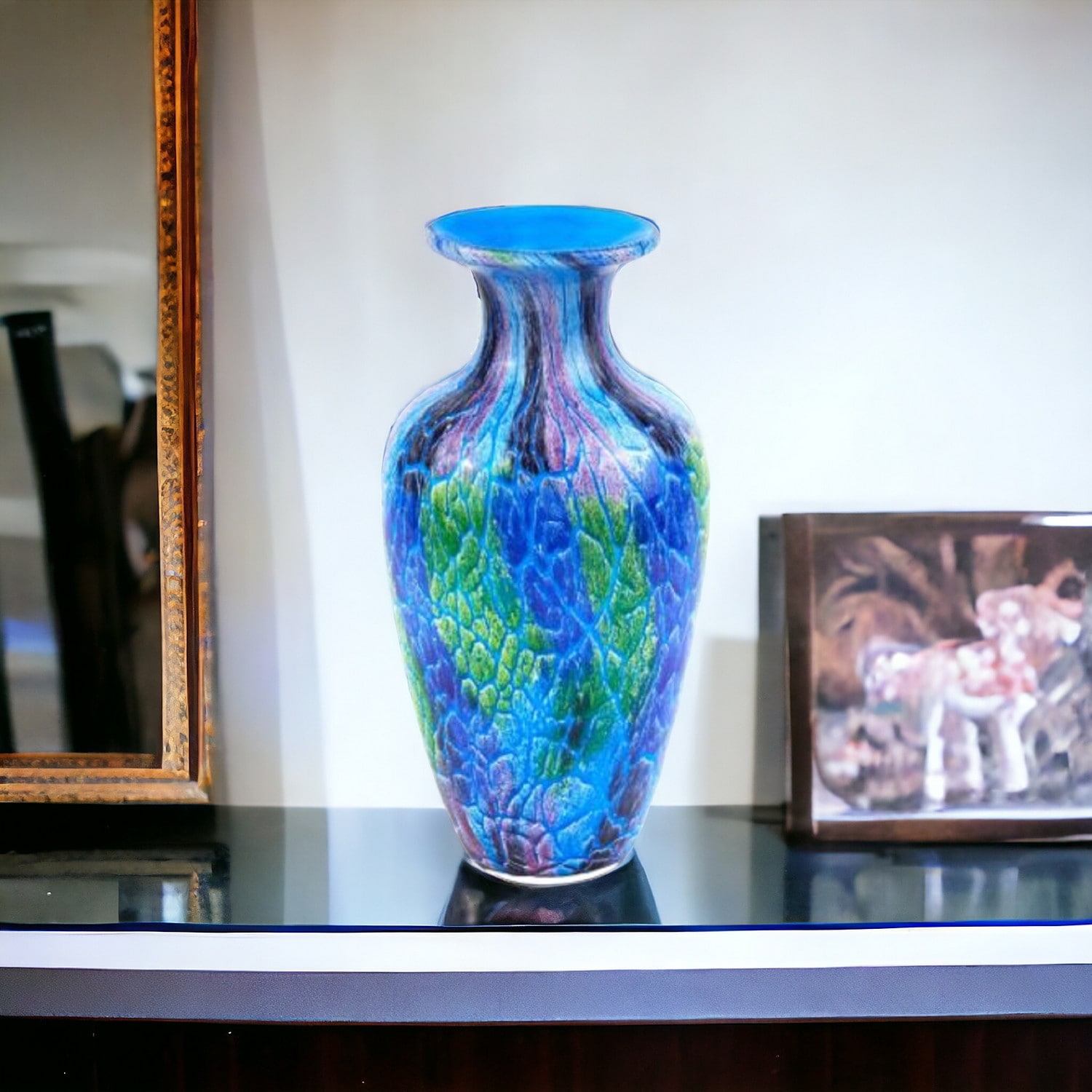 HomeRoots 10" Blue and Green Glass Abstract Round Table Vase