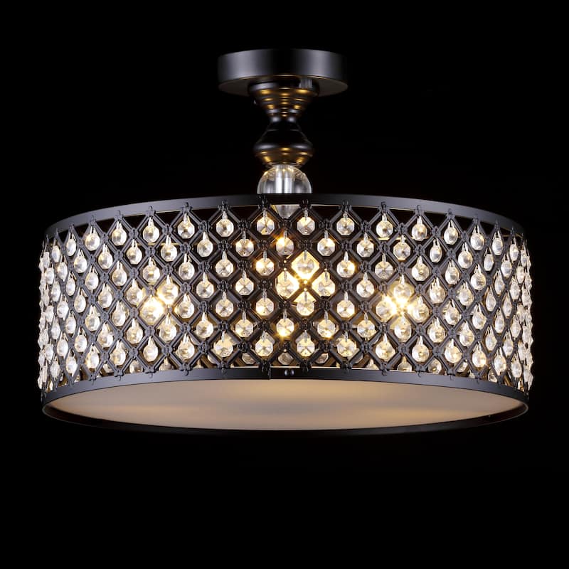 Ilsa 17" 3-Light Crystal/Metal Drum Semi-Flush Mount, Black by JONATHAN Y