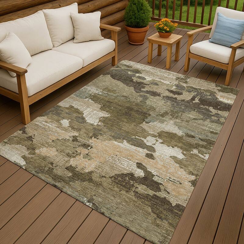 Machine Washable Indoor/ Outdoor Abstract Casual Chantille Rug - Khaki - 9' x 12'