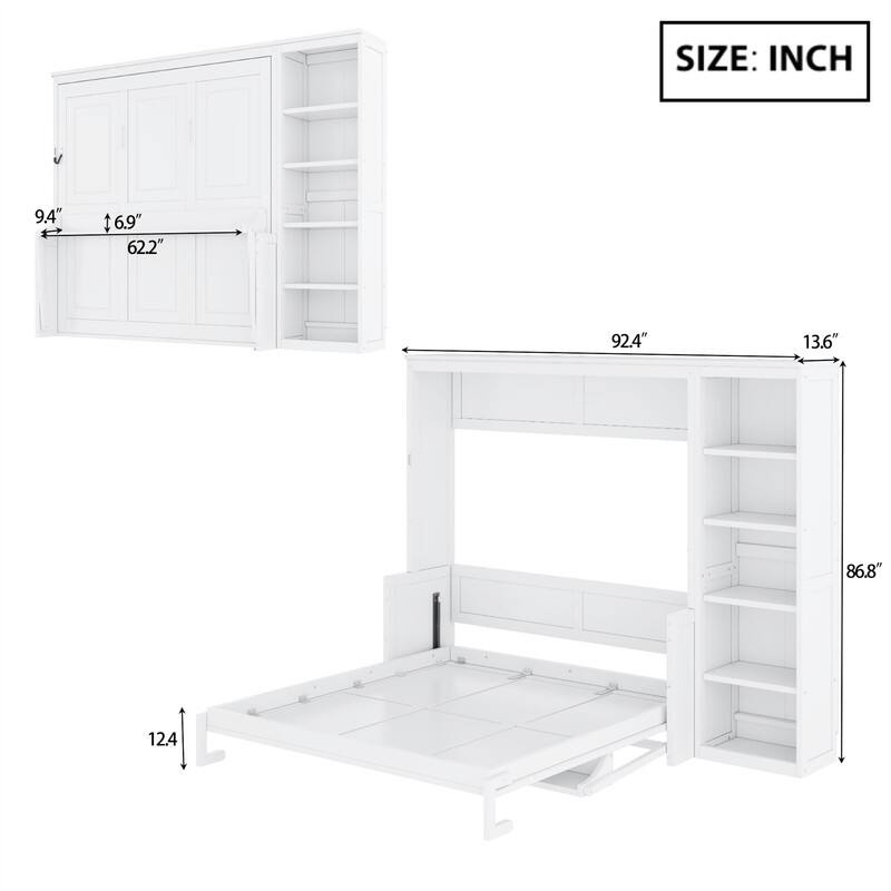 Full/Queen Size Murphy Bed with Bulit-in Desk and Bookshelf, Foldable Murphy Cabinet Bed with Open Storage Shelves