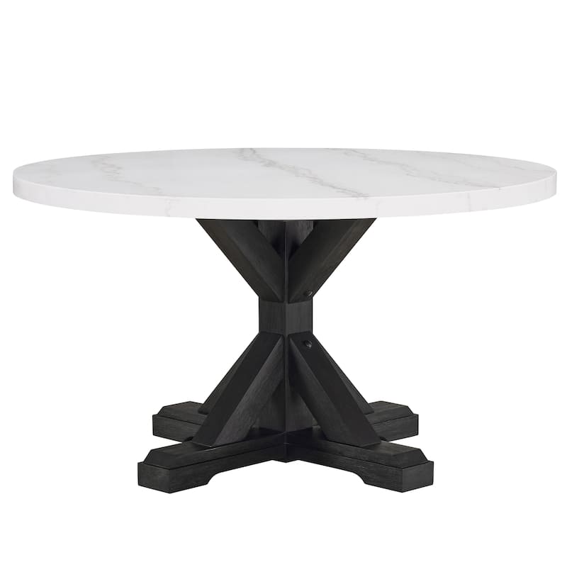 1pc Transitional Modern Formal Dining Table White Round Genuine Marble Table Top Black Finish Legs Wooden Dining Room Fu