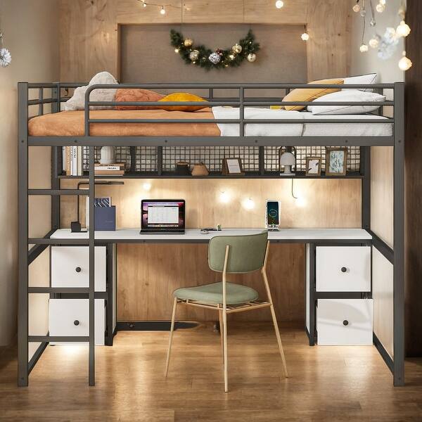 slide 2 of 14, Full Size Metal Loft Bed with Desk, Cabinets, Drawers and socket, Black Black