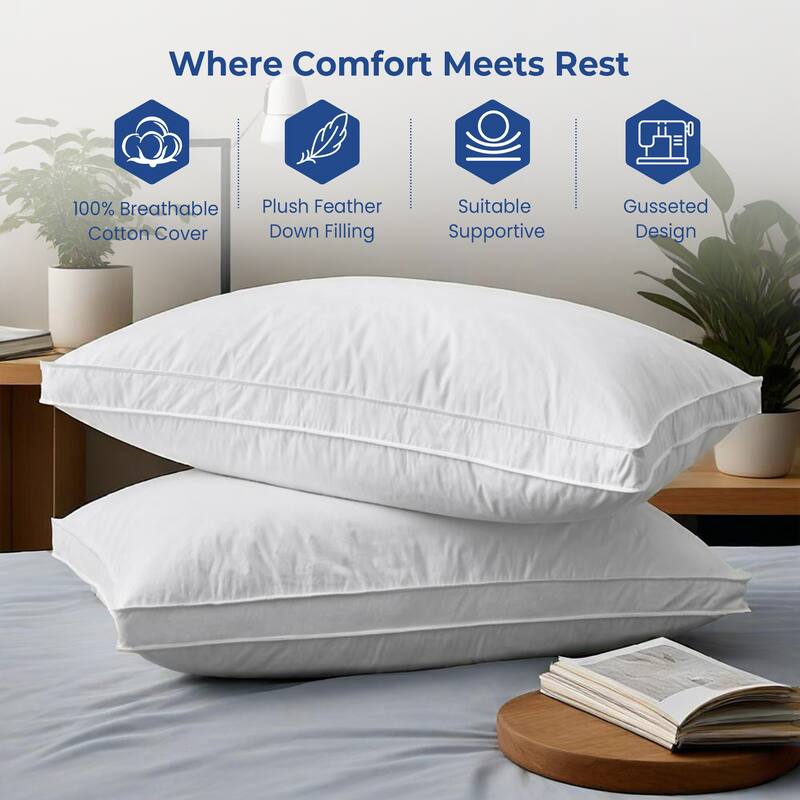Set of 2 Premium Goose Feather Down Bed Pillows with Cotton Cover - White - Medium - King