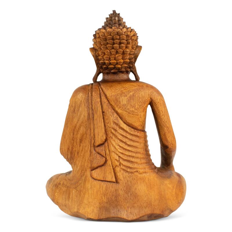 Wood Buddha Statue Hand Carved Earth Touching Mudra Sculpture, Natural Zen Decor