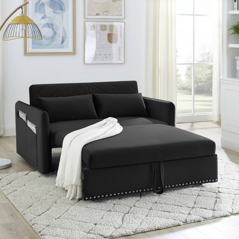 3-in-1 Velvet Sleeper Sofa Bed with USB Charging Port, Adjustable Backrest, Side Pocket,2 Lumbar Pillows Multi-Functional Sofa