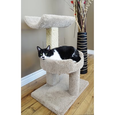 Compact Two-Level Window Cat Perch with Hammock Top, Sisal Scratch Post and Elevated Bed Platform