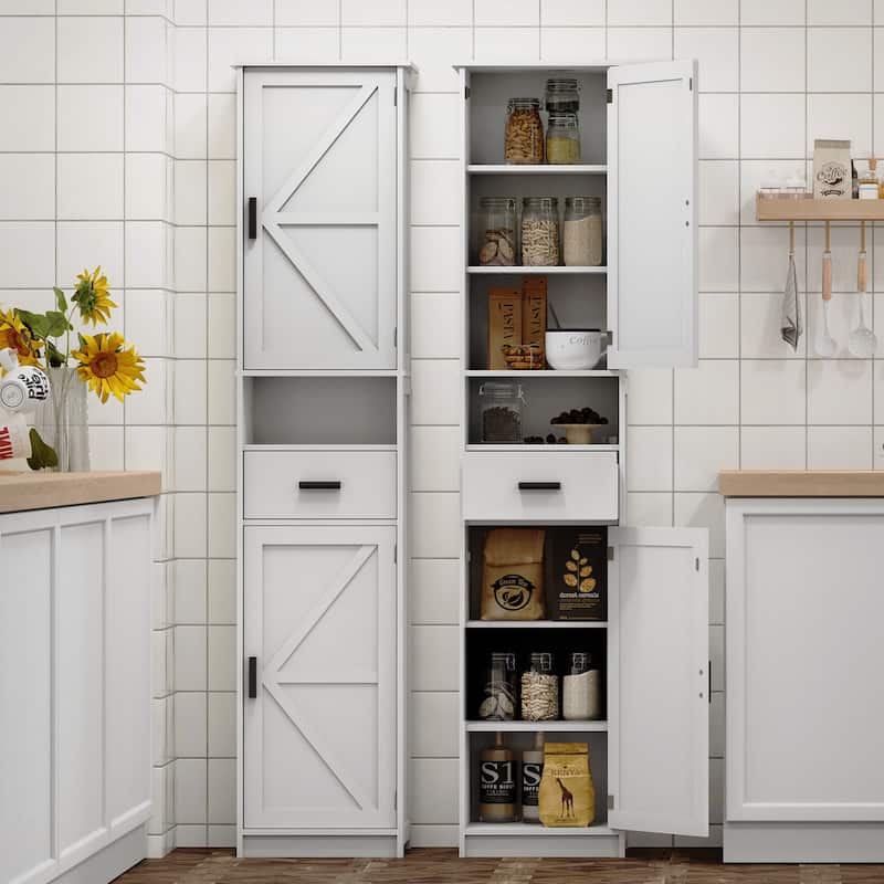 Homy Casa 69" Tall Kitchen Pantry Cabinet 2 Barn Doors & Drawer