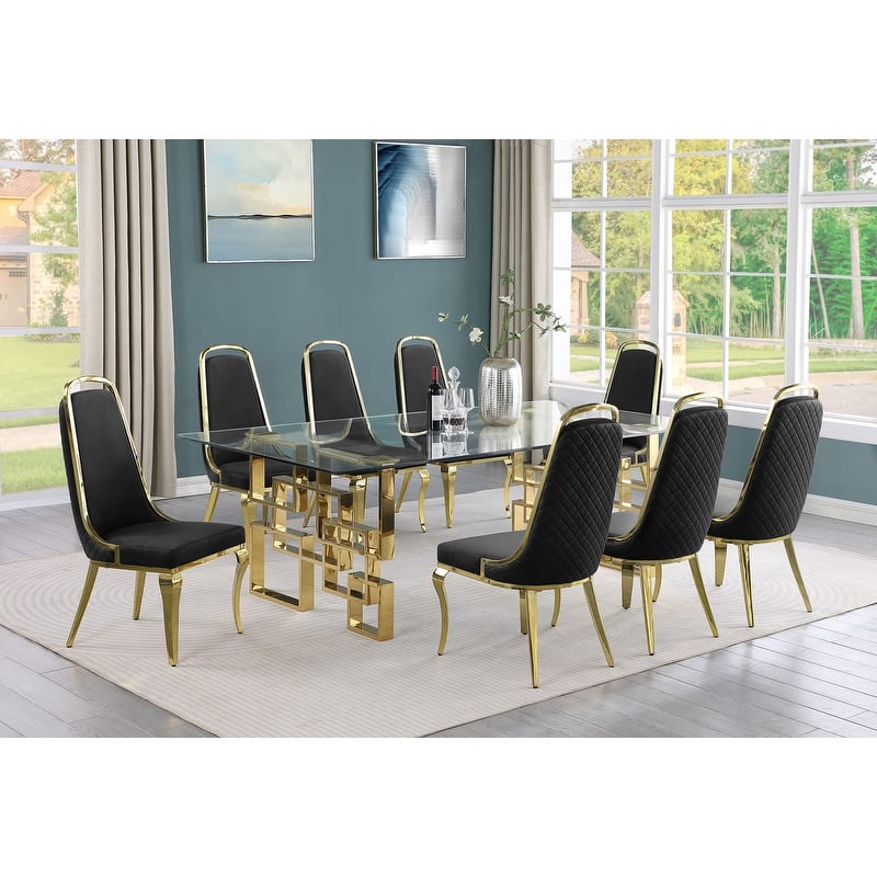 Best Quality Furniture Big Glass Table Dining Sets - 9pcs - Gold Chrome - Black