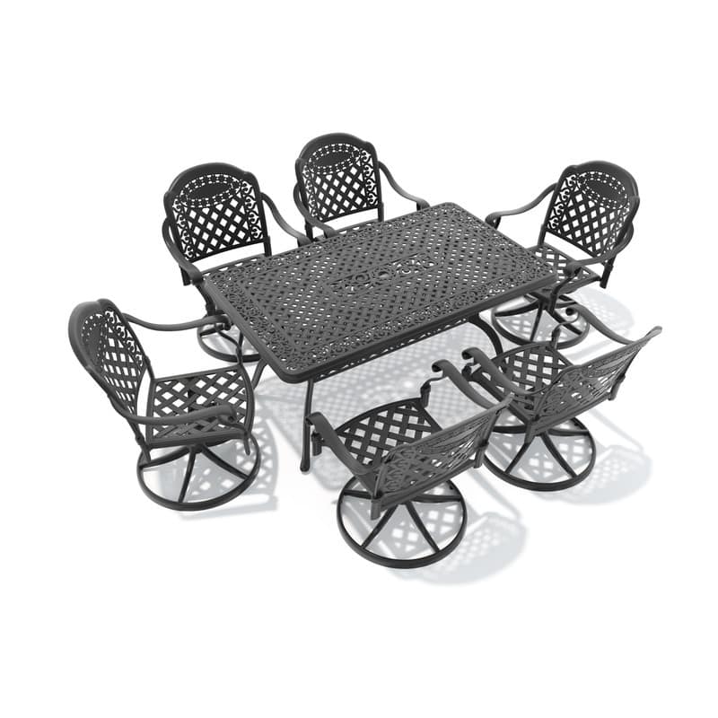 7-Piece Aluminum Rectangular Outdoor Patio Dining Set, 6 Cushioned Swivel Chairs, Table, All-Weather Frames