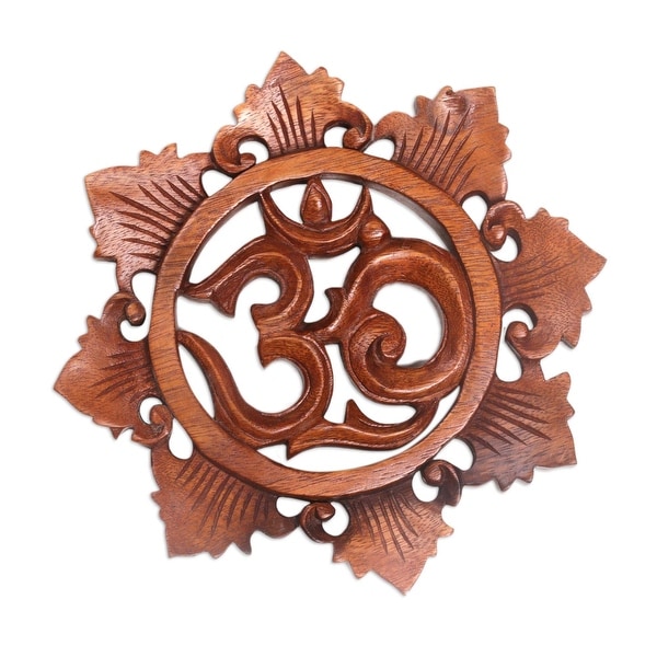 Handmade Petaled Om Wood Relief Panel (Indonesia) - 0.8" H x 9.25" Diam.. Opens flyout.