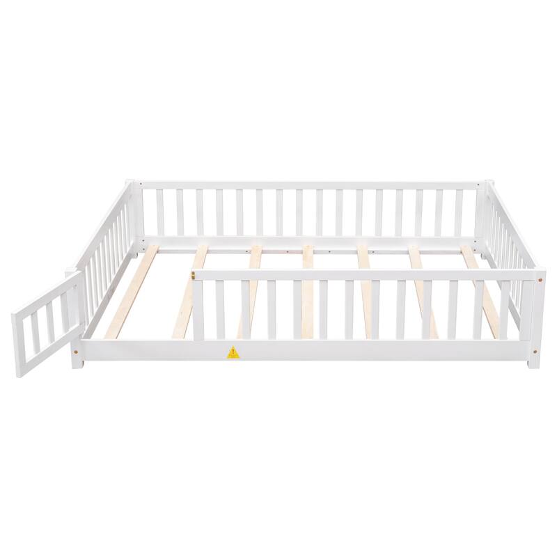 Full size Floor Platform Bed with Fence and Door, White