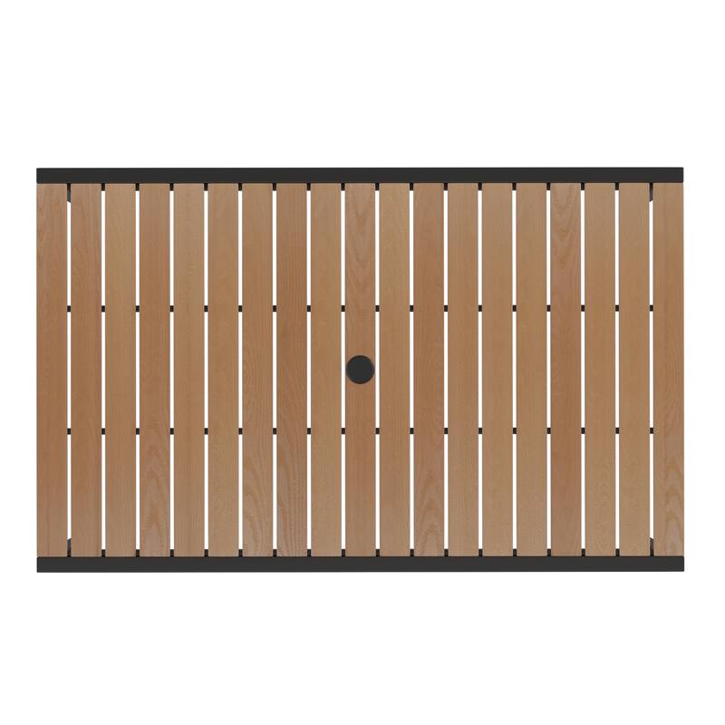 30" x 48" Faux Teak Patio Table, 4 Chairs and 9FT Patio Umbrella with Base