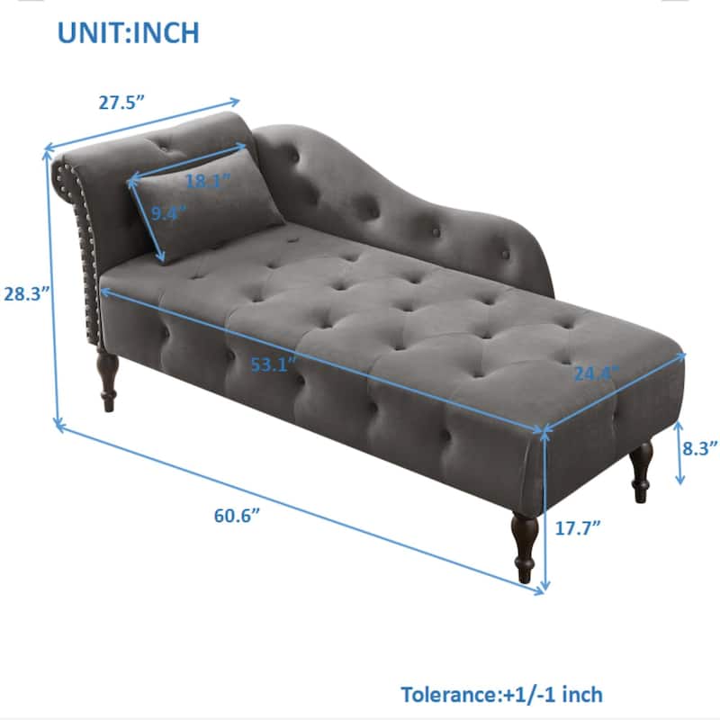 Modern 60.6" Velvet Upholstered Buttons Tufted Chaise Lounge Chair with Solid Wood Legs and Nailheads