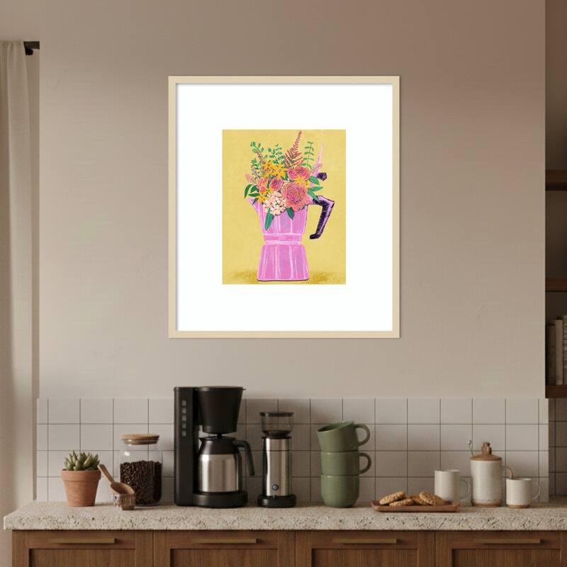 Espresso Maker with Flowers by Raissa Oltmanns Wood Framed Wall Art Print