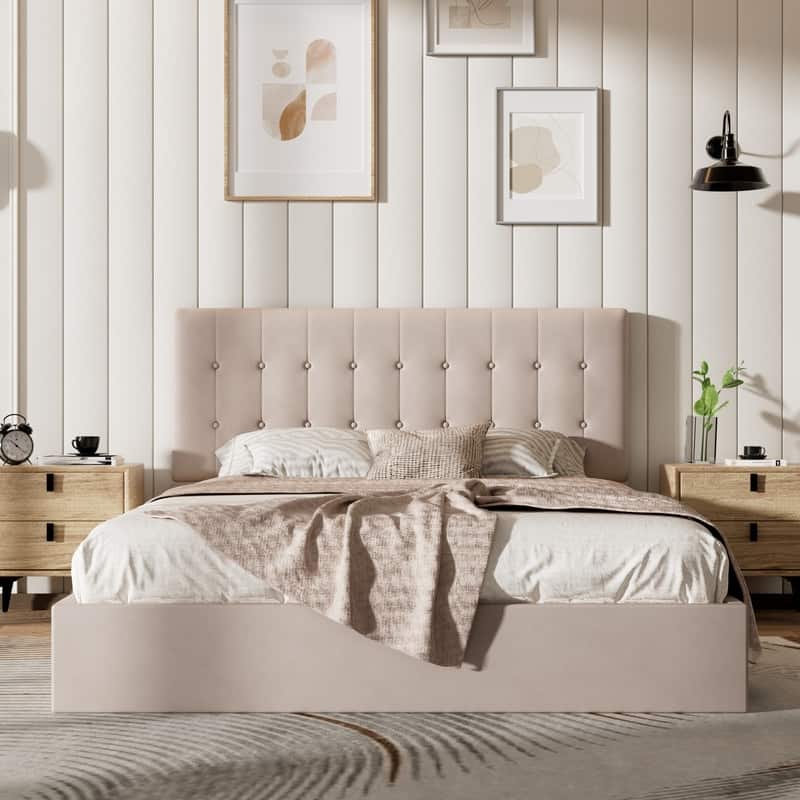 Plywood Frame Upholstered Platform Bed with Lift-up Storage