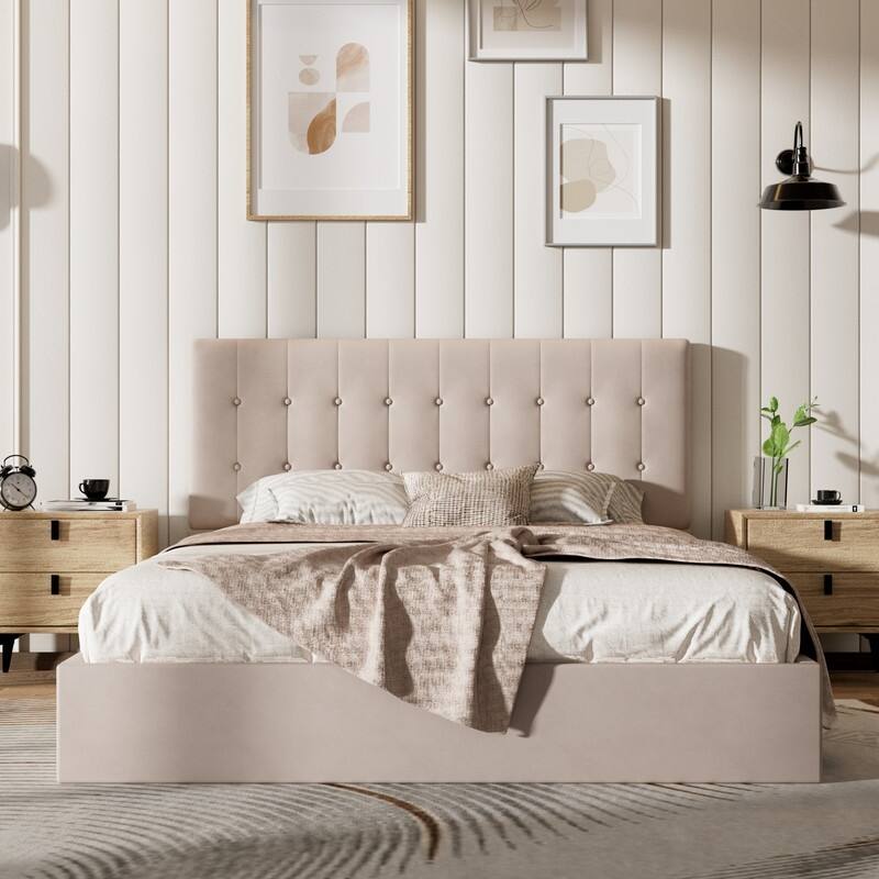 Plywood Frame Upholstered Platform Bed with Lift-up Storage - Khaki - Full