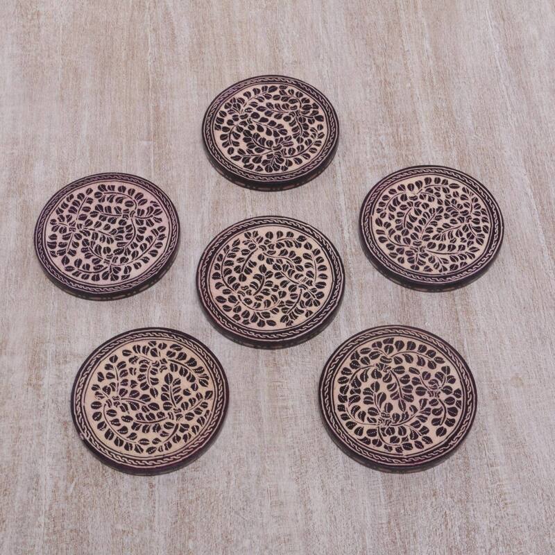 NOVICA Artisan Handblown Wood Batik Coasters Indonesian Cream Black Ivory Tableware Barware 'Paddy Harvest'(Set Of 6)