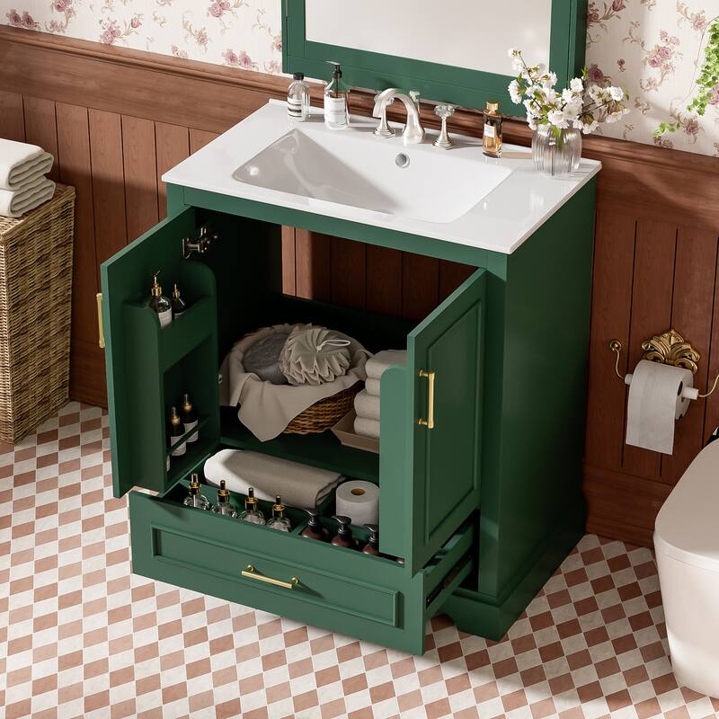30" Bathroom Vanity With Sink, Mdf And Solid Wood Frame, 1 Divider Drawer And 2 Soft-Close Doors