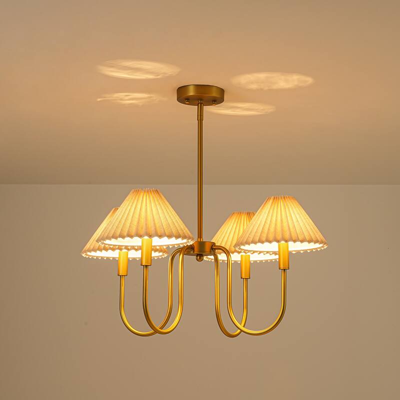 4-Light Mid-Century Modern Chandelier in Brushed Gold/Matte Black Chandelier with Pleated Shades for Living Room