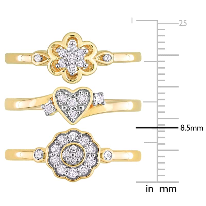 Miadora 3/8ct TW Diamond Heart Flower Rings 3-Piece Set Yellow Silver