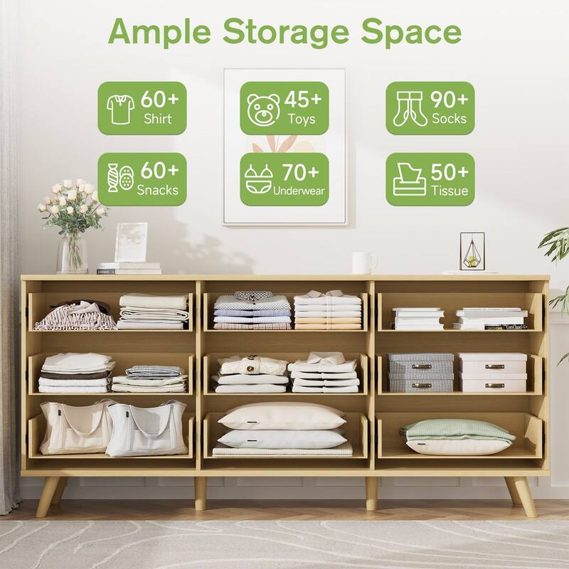 Gymojoy 9 Drawer Dresser, 63" Wide Fluted Wood Chest of Drawers with Gold Handles, Modern Storage Organizer for Closet
