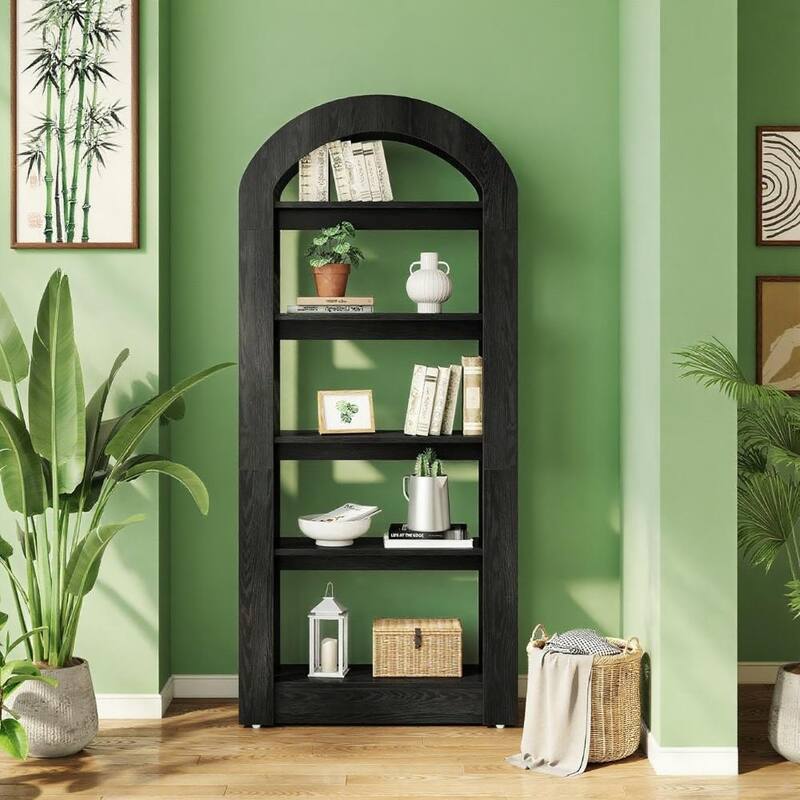 MDF 5 Tier Bookshelf with Arched Top and Heavy-Duty Shelves - 70.86" H x 31.5" W x 11.81" D