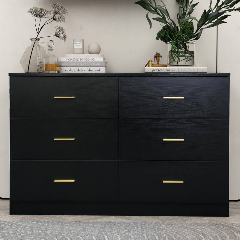 6-Drawer Dresser Modern Wide Wood Chest of Drawers for Bedroom - Black