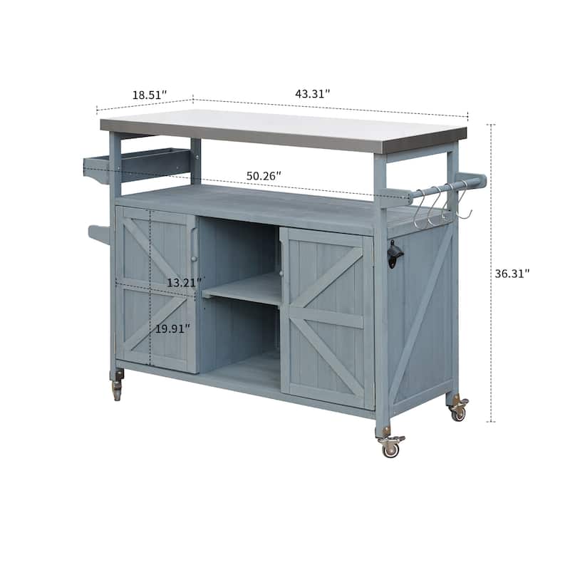 Vintage Stylish Wooden Kitchen Island with Stainless Steel Top, Indoor/Outdoor Use