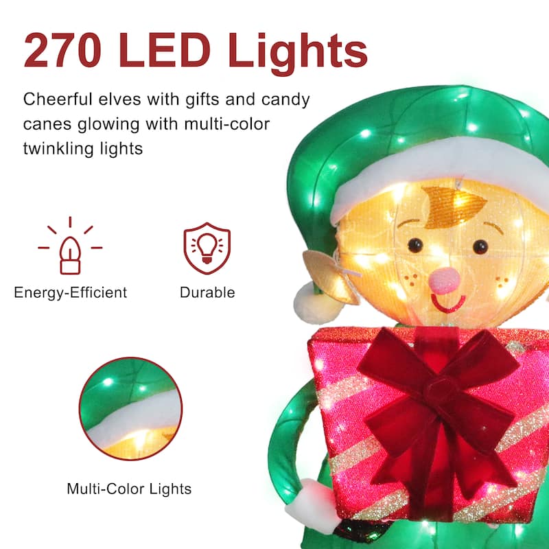 Puleo International Set of 2 Elf Couple with Gift Boxes and Candy Cane with 264 Multi-Color LED Lights - Red