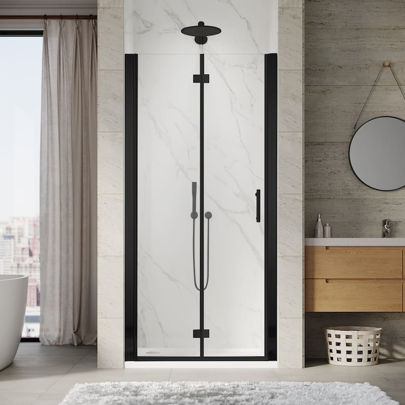 Elegant Bi-Fold Frameless Pivot Swing Shower Door Enclosure with Clear Glass Panel and Hardware Kit - 31.5-33" - Black