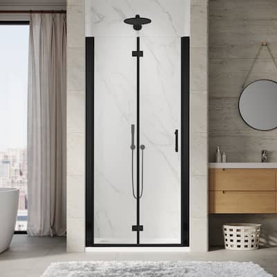 Elegant Bi-Fold Frameless Pivot Swing Shower Door Enclosure with Clear Glass Panel and Hardware Kit