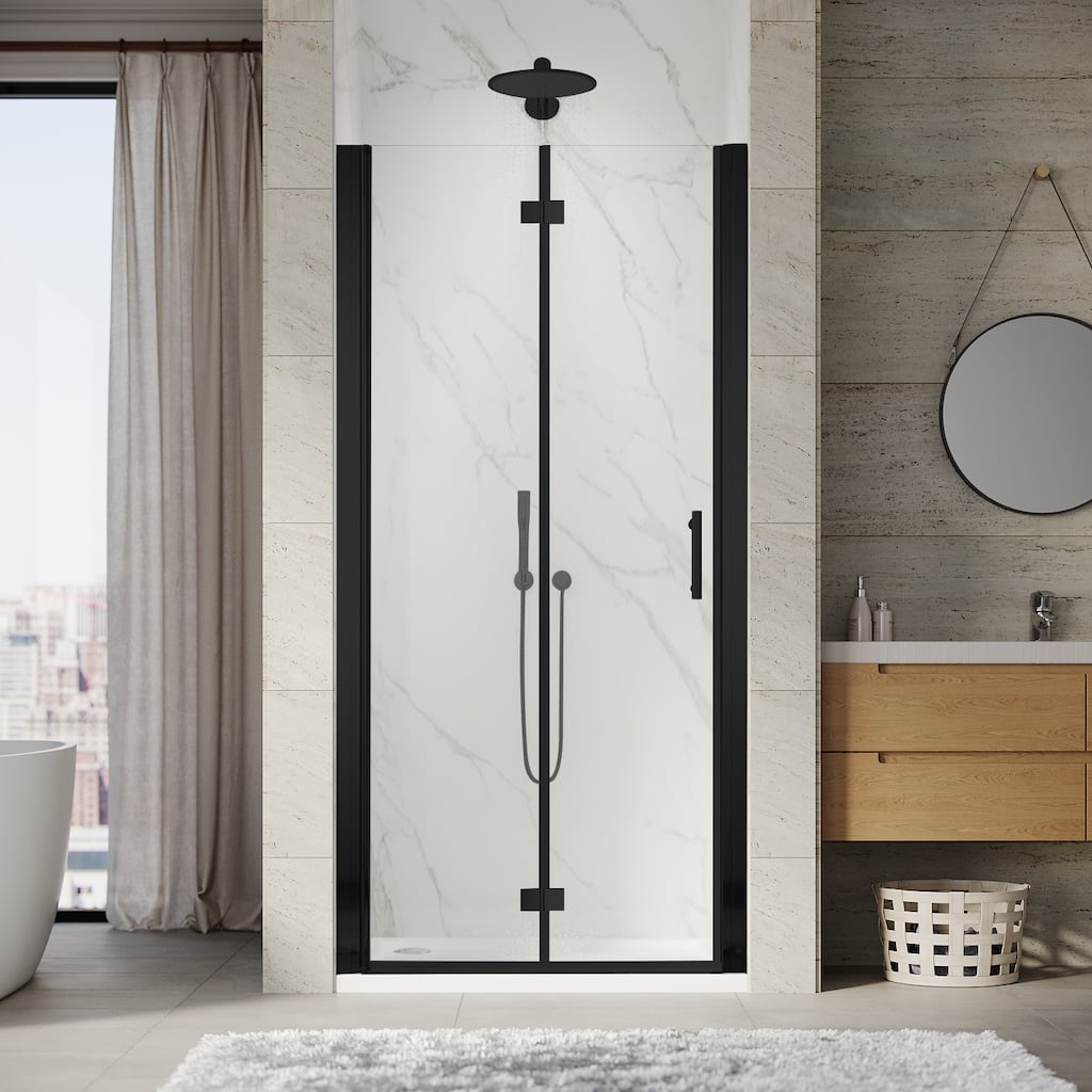 Elegant Bi-Fold Frameless Pivot Swing Shower Door Enclosure with Clear Glass Panel and Hardware Kit