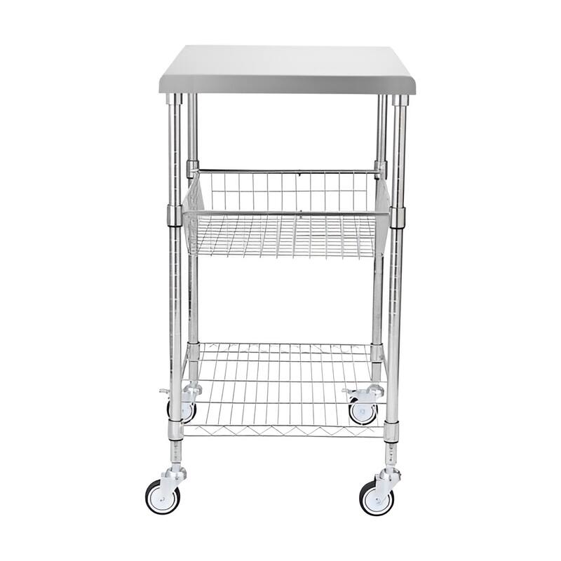 Silver Steel Utility Cart Rolling Cart with Stainless Top, Wheels and 3 Shelves - 20"” L x 24" W x 36.6" H
