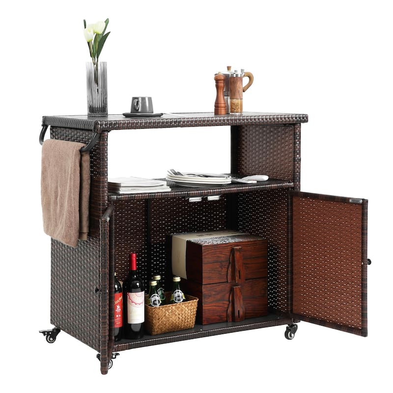 Outdoor Wicker Bar Cart with Glass Countertop, Rolling Rattan Beverage Bar Counter Table on Wheels for Porch, Backyard, Garden