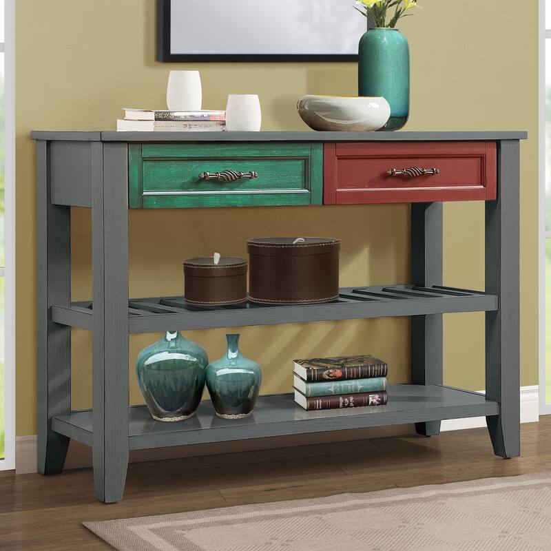 Console Sofa Table with Drawers and Tiers Shelves
